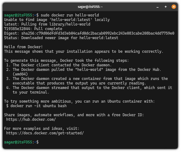 Run hello world docker image in Ubuntu