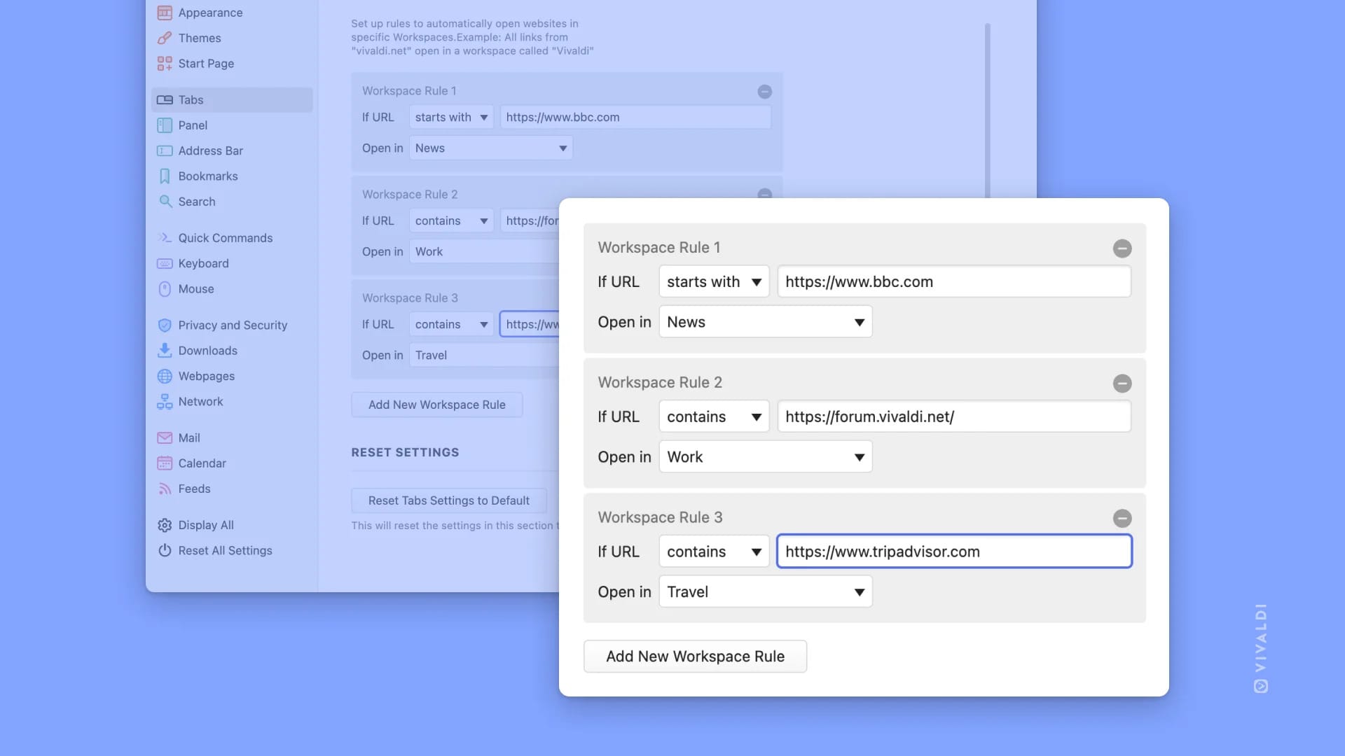 a screenshot of vivaldi 6.5 workspace automation feature