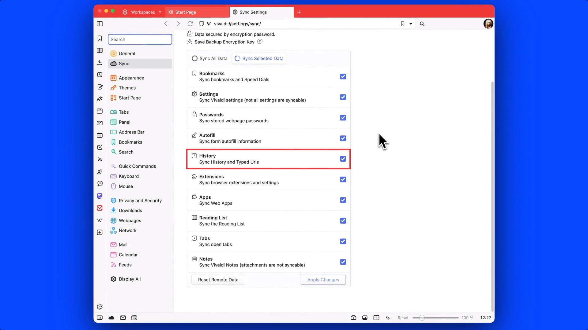 a screenshot of vivaldi 6.5 full browser history syncing feature