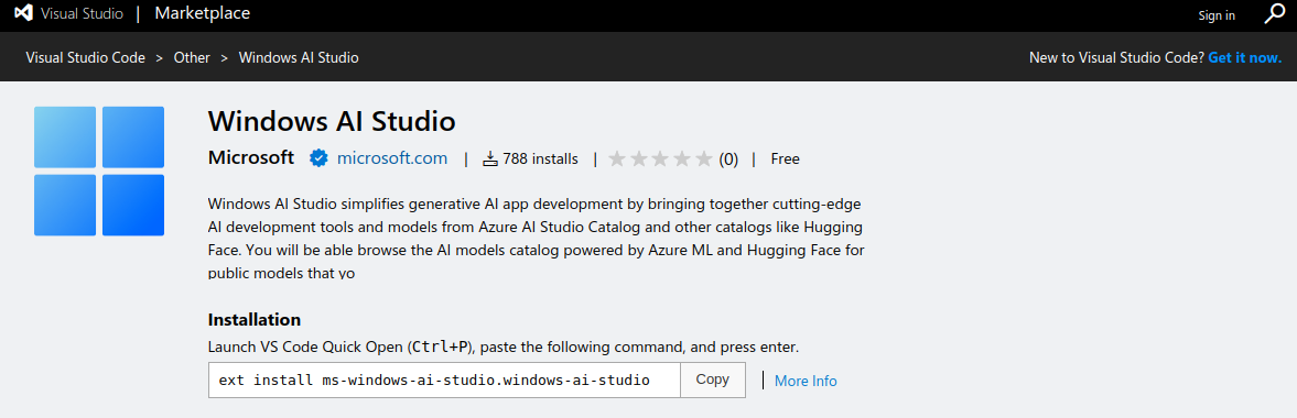 a screenshot of the windows ai studio visual studio marketplace listing