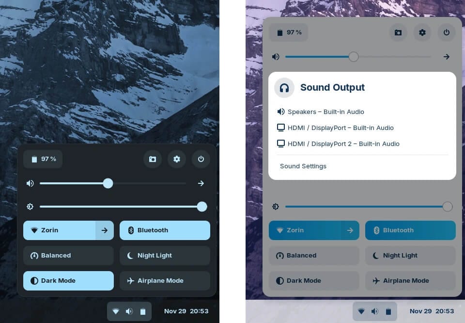 a screenshot of zorin os 17 beta quick settings menu