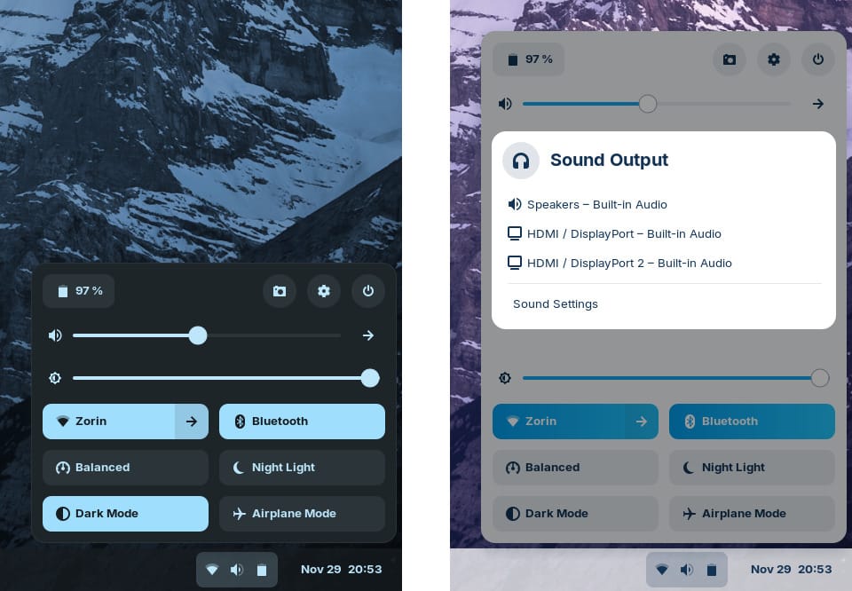 a screenshot of zorin os 17 quick settings menu