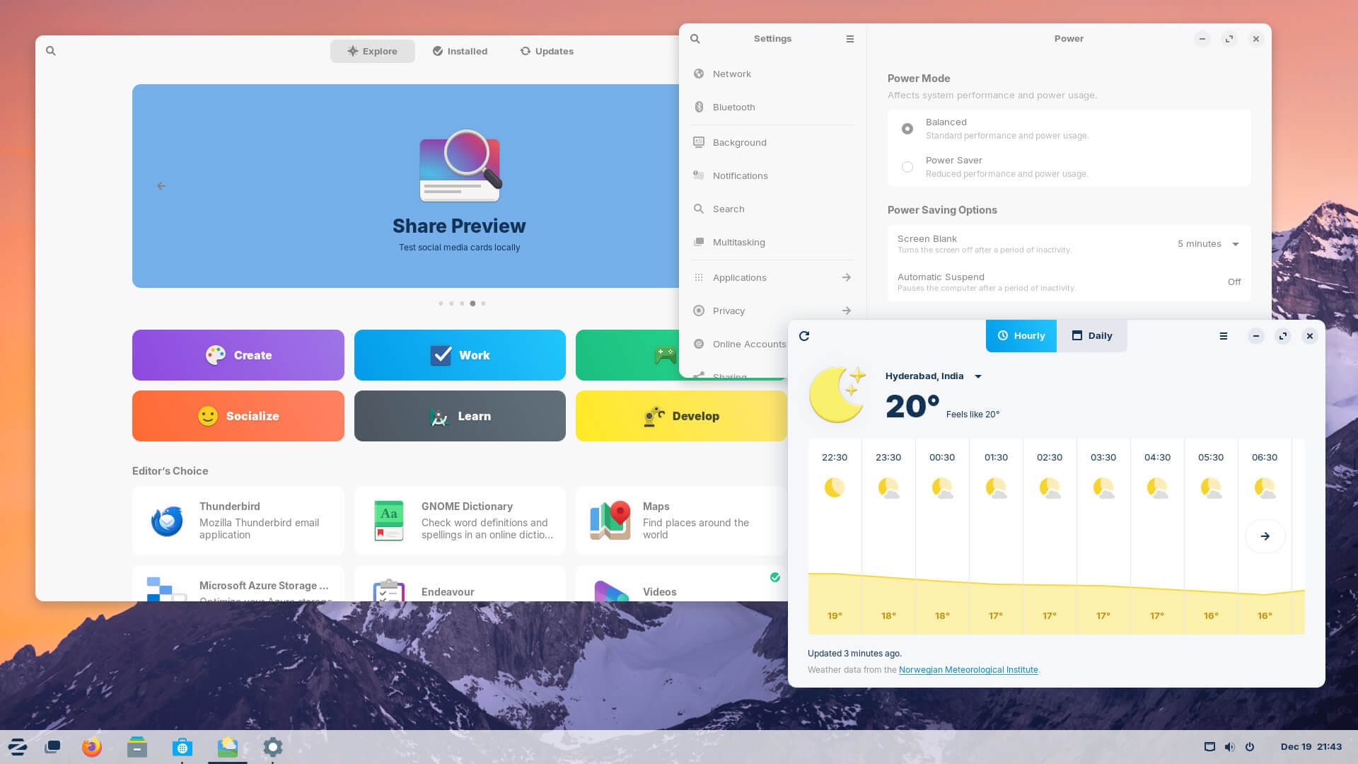 a screenshot of zorin os 17 refreshed software center weather app and new power modes