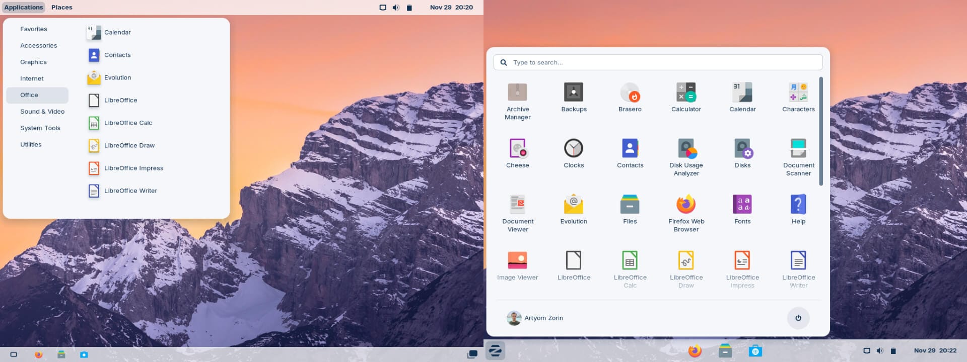 a photo collage of zorin os 17 new desktop layouts gnome 2 like is on the left chromeos like is on the right