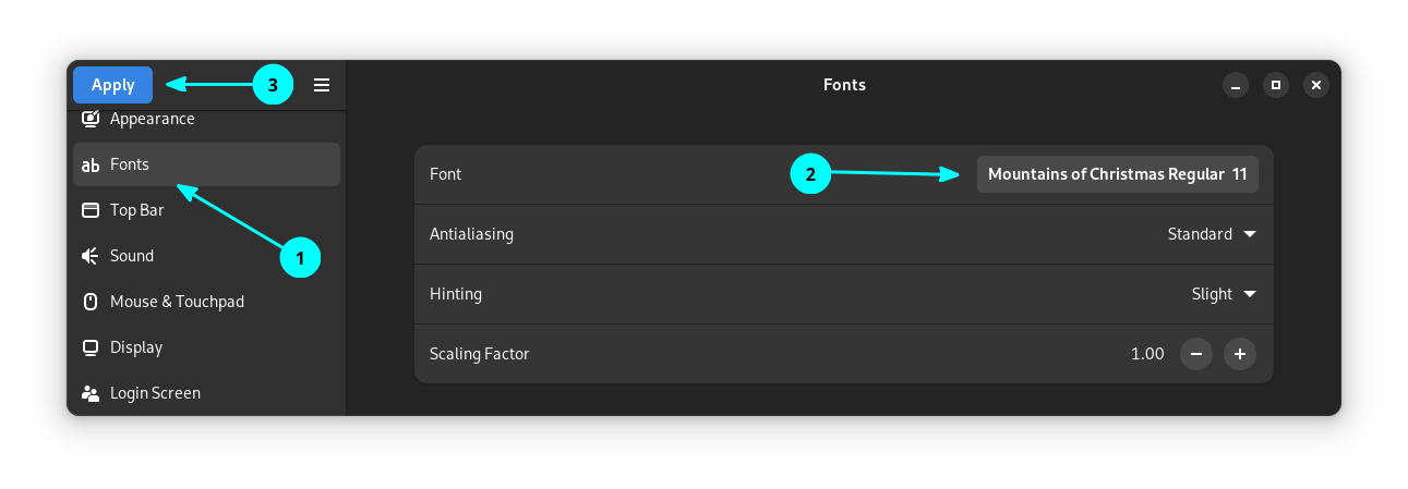 The settings to change the default font to a custom font