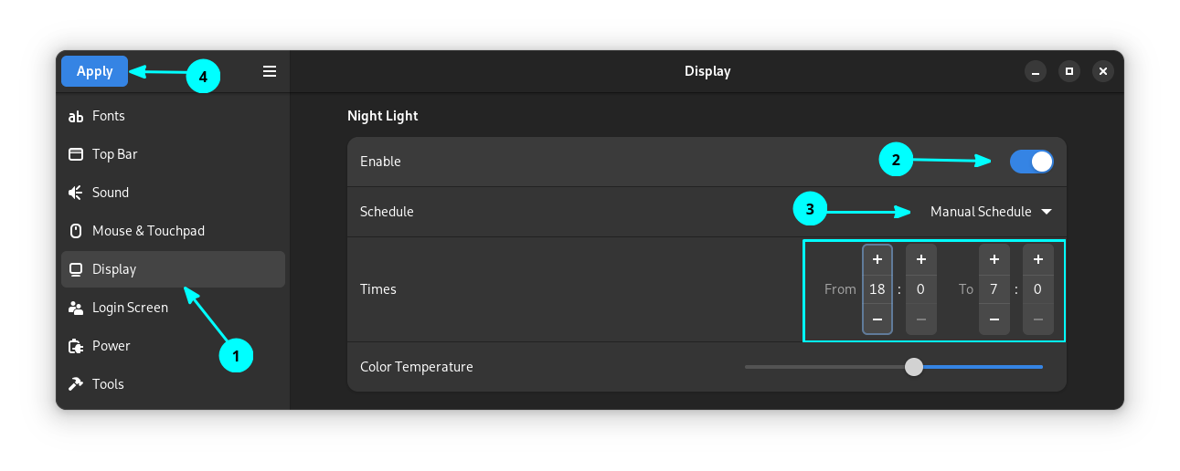 Setting to enable night light in  GDM Screen