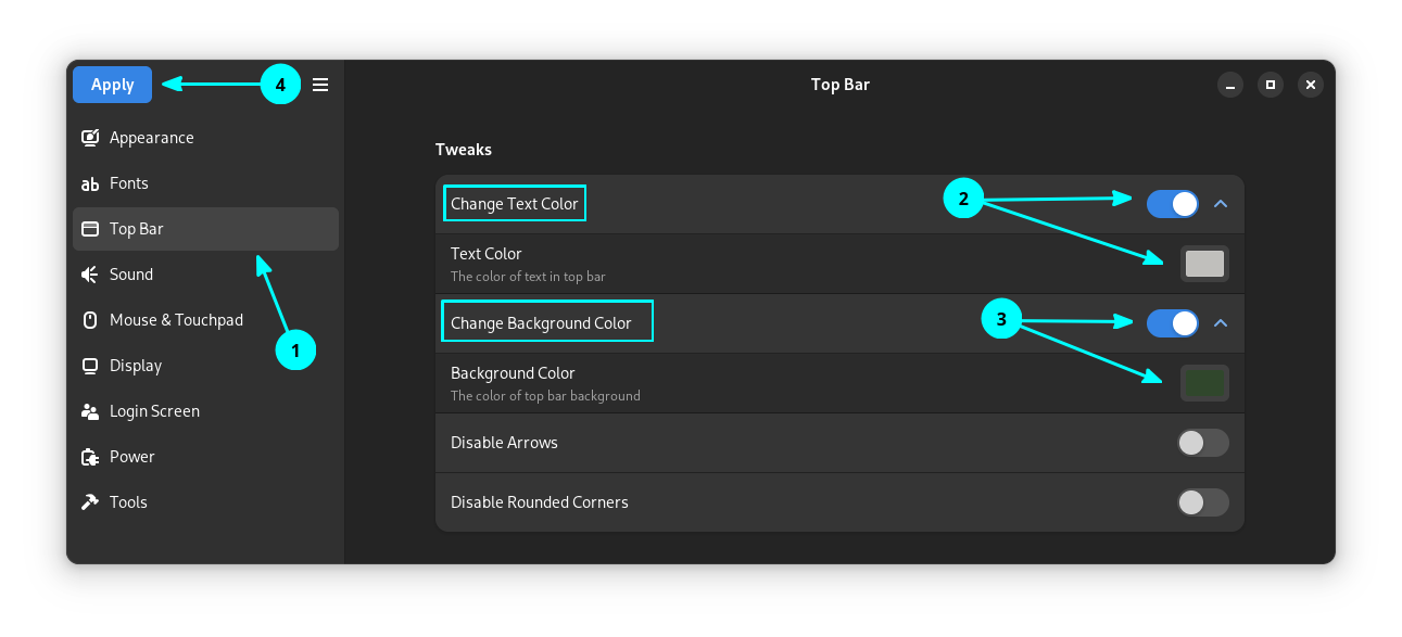 GDM Settings tool, setting to change the top bar background and text color.