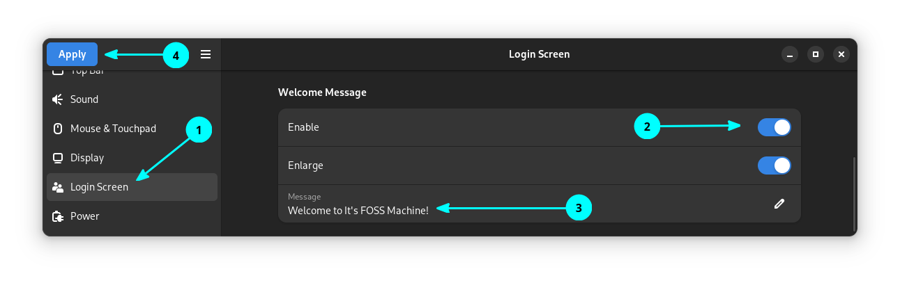 Add a welcome message on GDM Settings tool