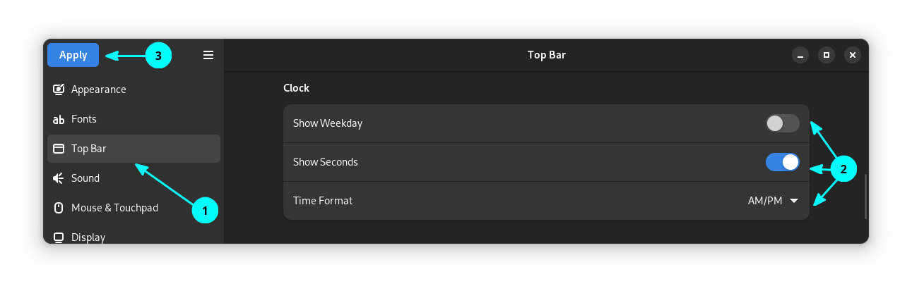 The Setting to change the GDM log in screen top bar time display format.