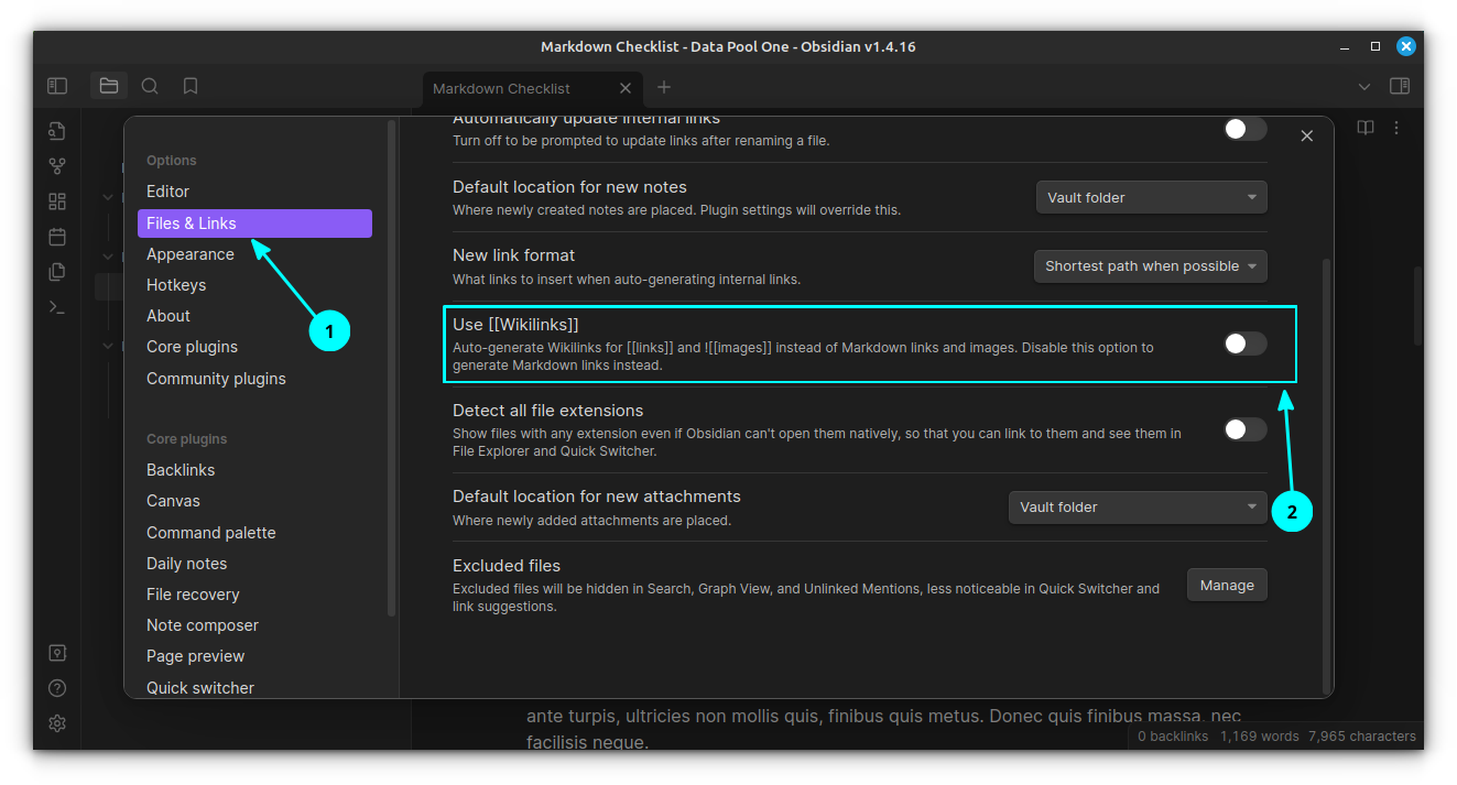 From the Files and Links tab in Obsidian Settings, turn off the Wikilinks feature using the toggle button.