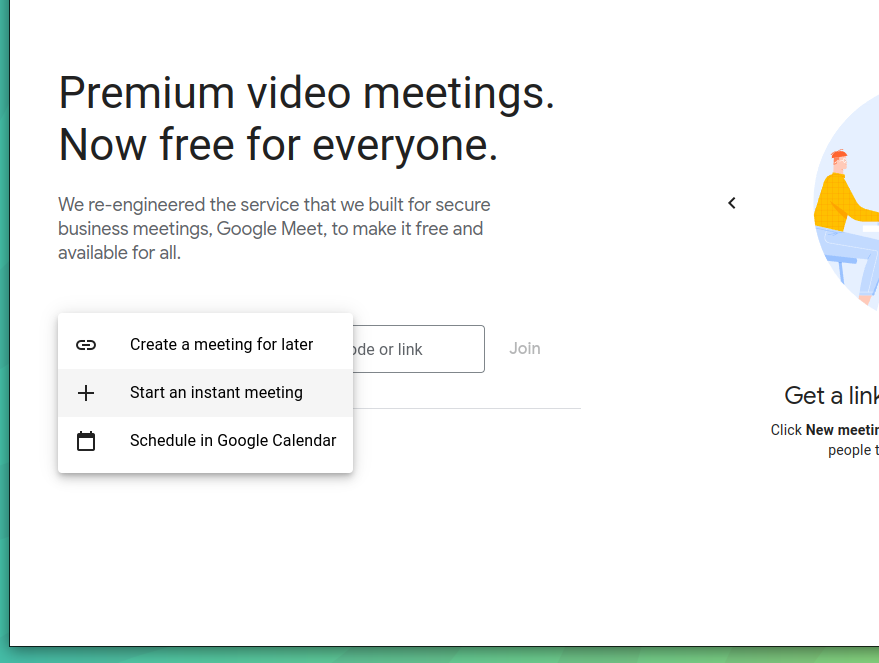 a screenshot of google meet website meeting start options