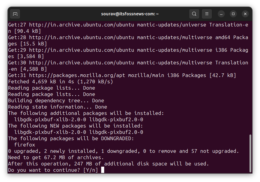 a screenshot showing how to install the official .deb package of mozilla firefox on linux using the terminal