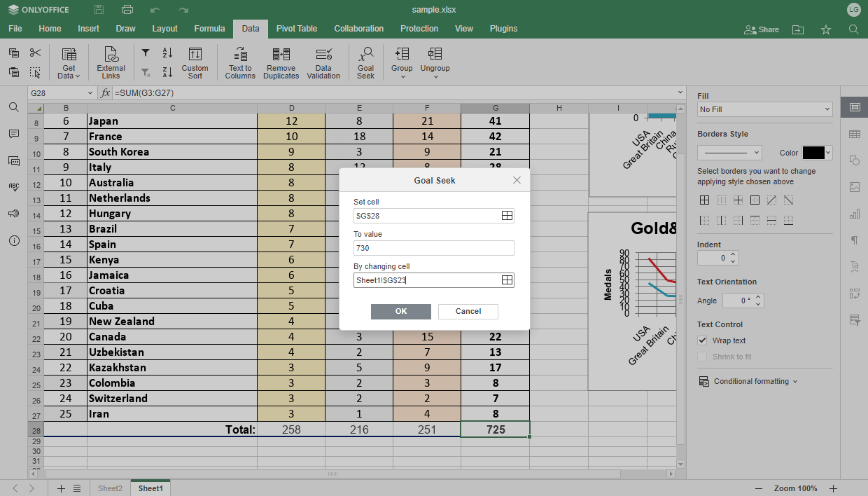 a screenshot of onlyoffice docs 8.0 goal seek feature in spreadsheets