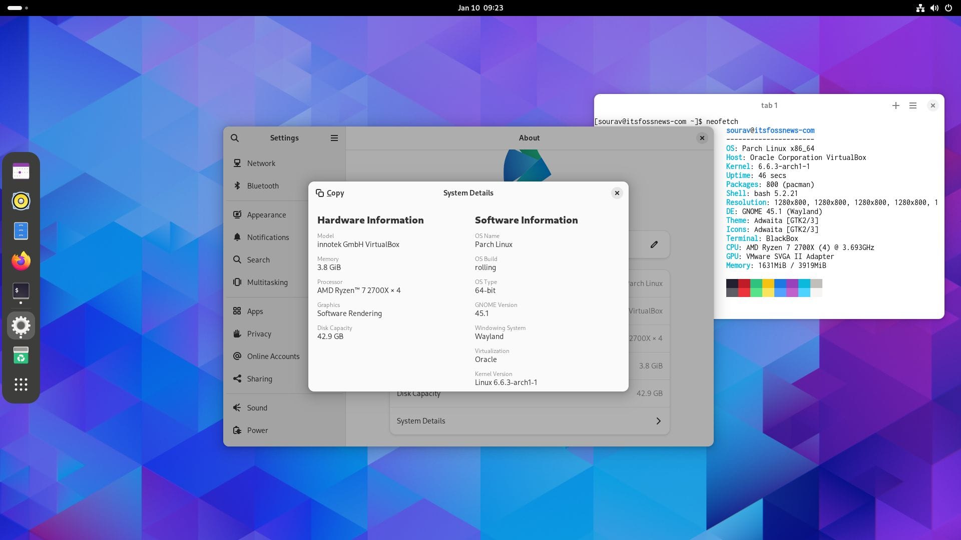 a screenshot of parch linux with a system details page and neofetch output open