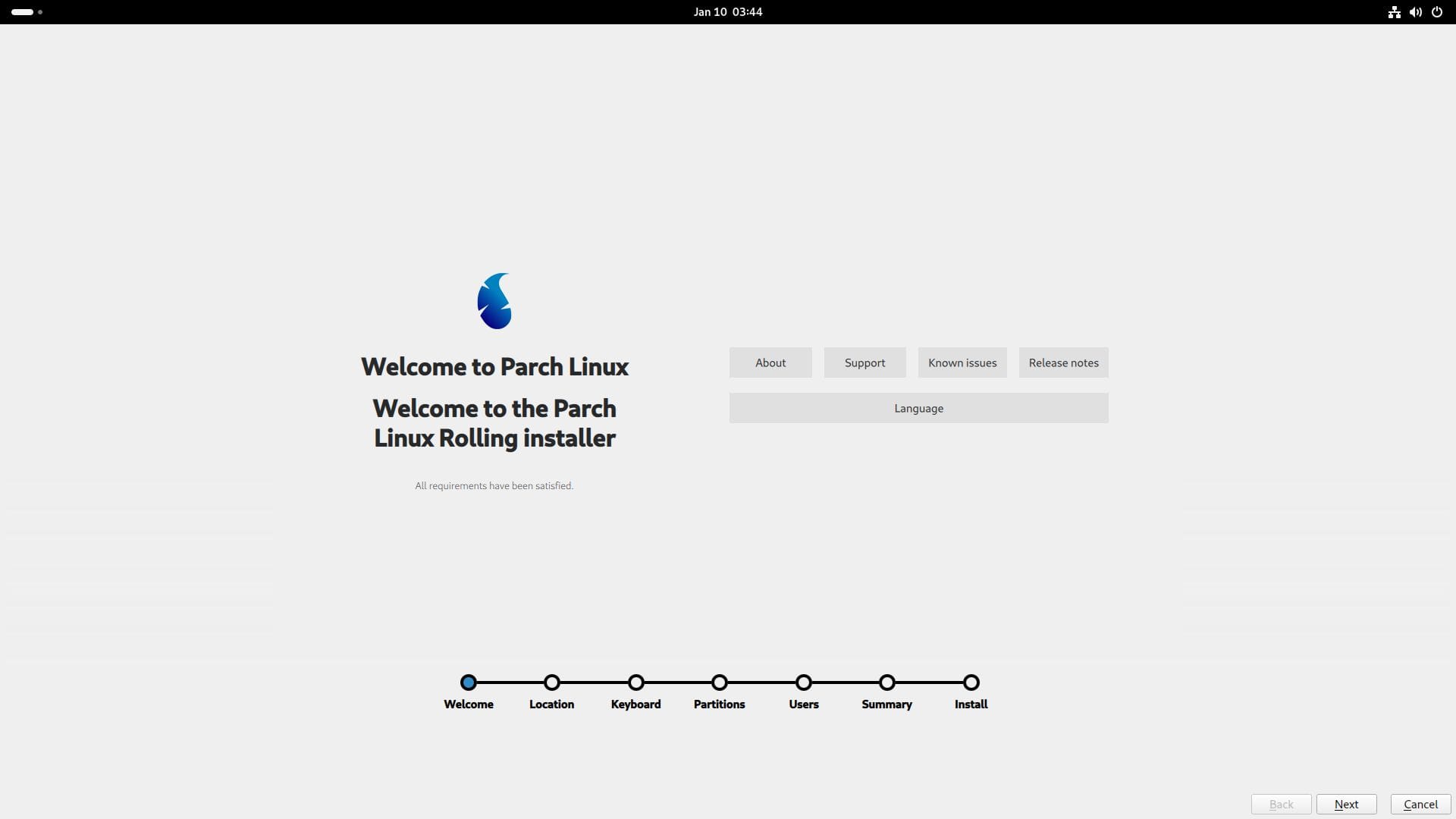 a screenshot of parch linux calamares installer