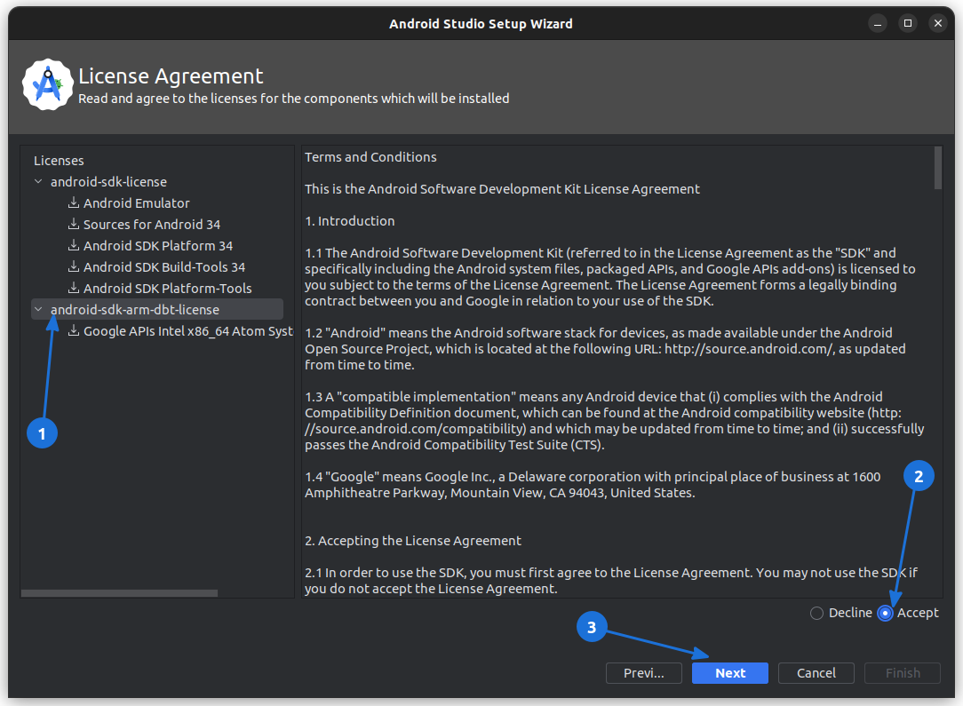 Accept “android-sdk-arm-dbt-license” also and then click on the Next button.