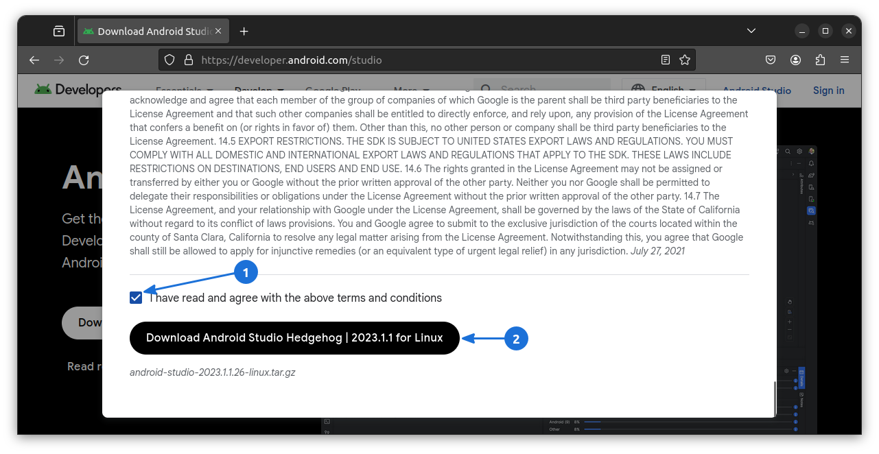 Accept the Android Studio Terms and Conditions to start your download. 