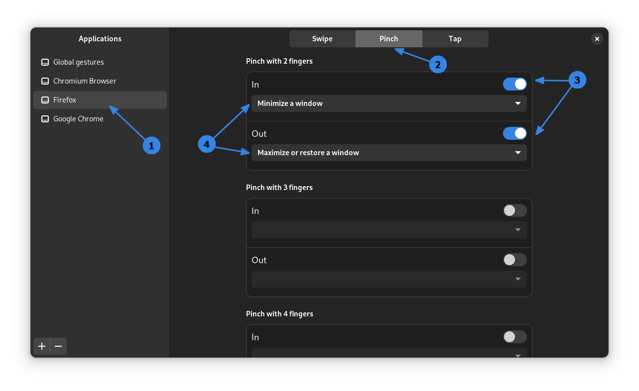 Add gesture action to an application. Here, Firefox have assigned two gestures, two-finger pinch inwards to minimize and two-finger pinch outwards to maximize.