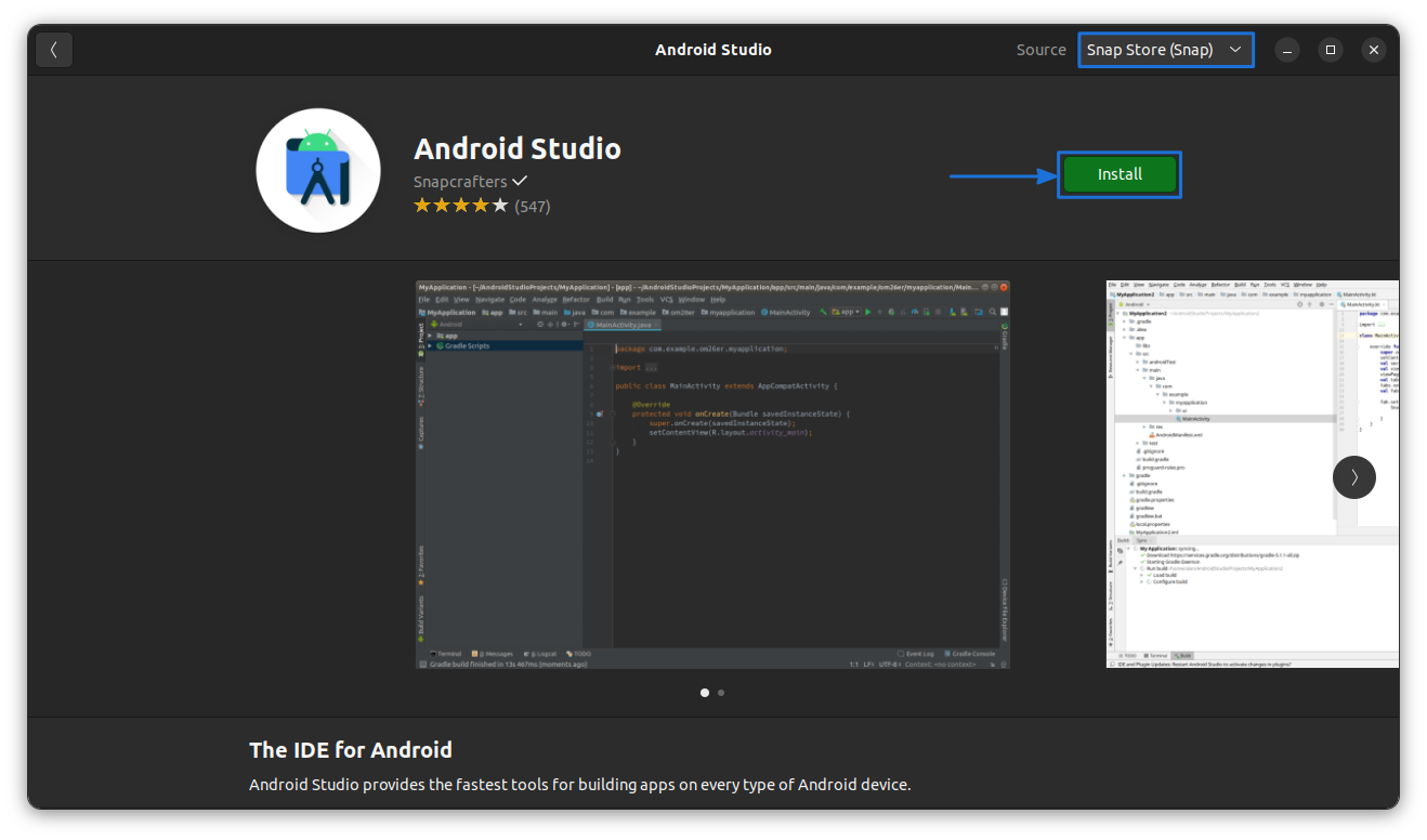 Install Android Studio from Ubuntu Software Center