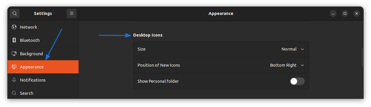 On the Ubuntu Settings Application, the desktop icon settings can be found under the Appearance tab.