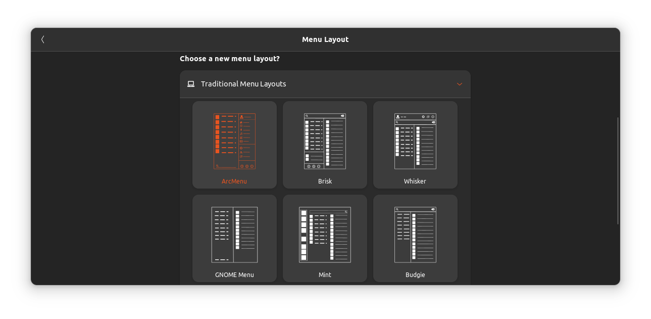 Various Available Layouts for Menu in Arc Mernu Extension Settings.