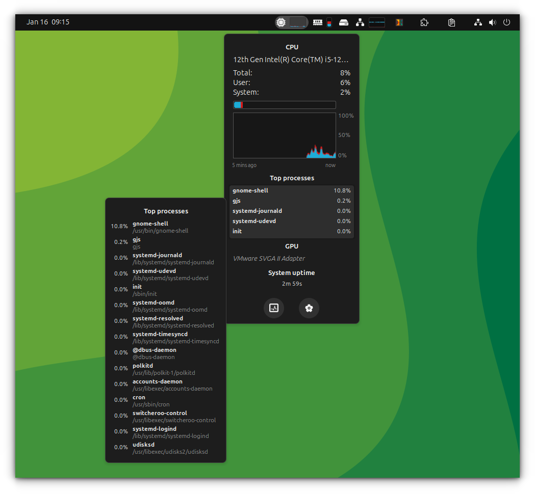 Astra Monitor Extension in GNOME Shell Top Panel
