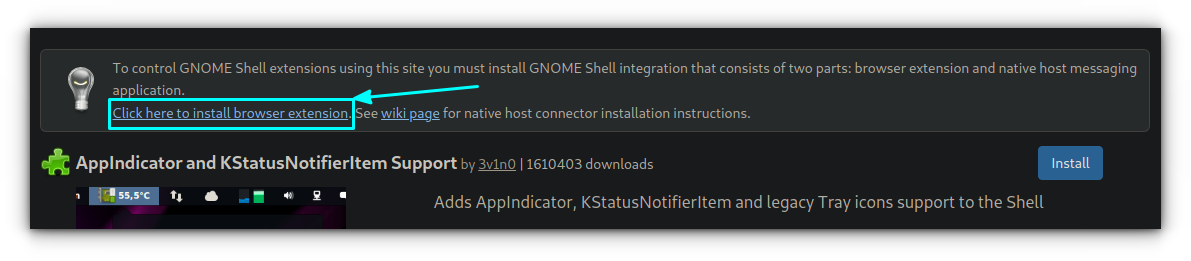 Click on the Link on the GNOME Extensions web page to install the GNOME Extensions add-on to your browser.