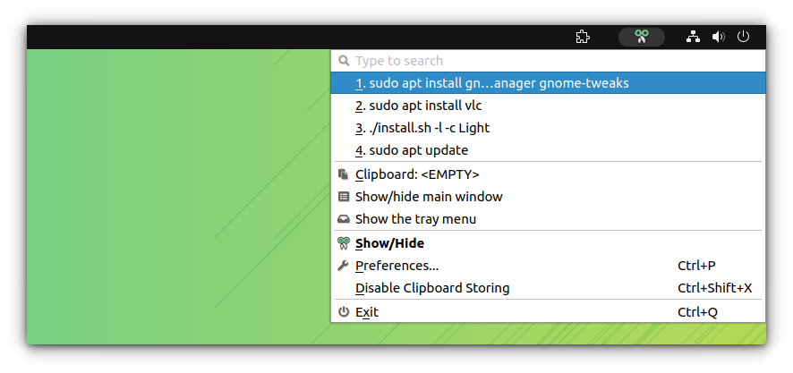 CopyQ clipboard tray applet opened on GNOME Top Panel