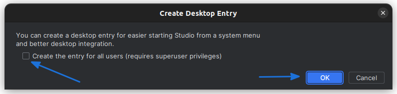 Click OK to create the desktop entry for Android Studio