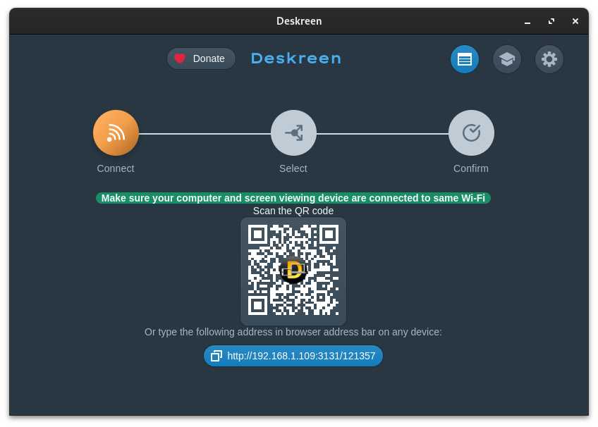 The initial interface of deskreen app with a QR code and a web address