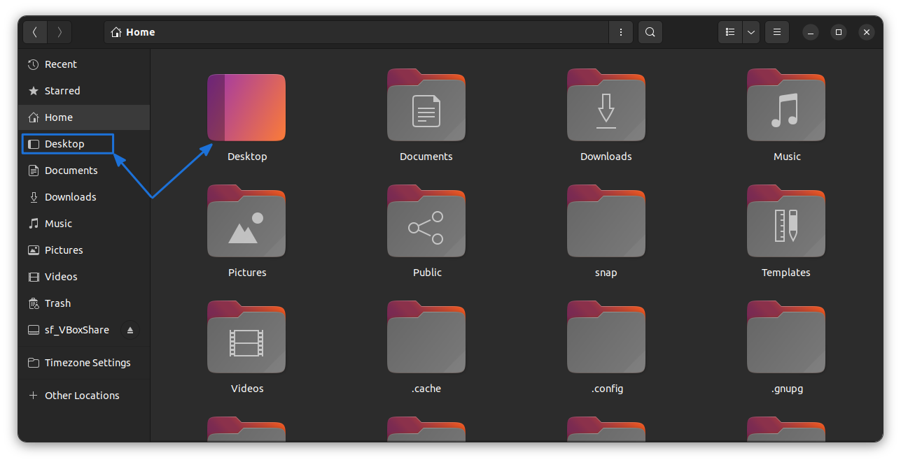 Desktop Folder in Nautilus File manager sidebar and HOME directory.
