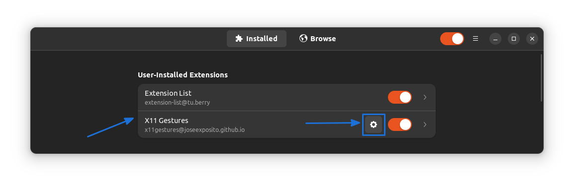 Click on gear Icon corresponding to X11-gestures extension to configure it