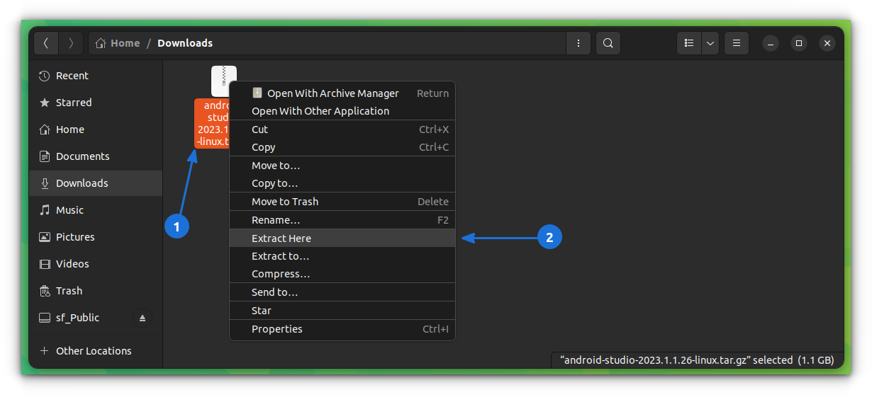Extract the Android Studio TAR file for Linux using Nautilus File Manager