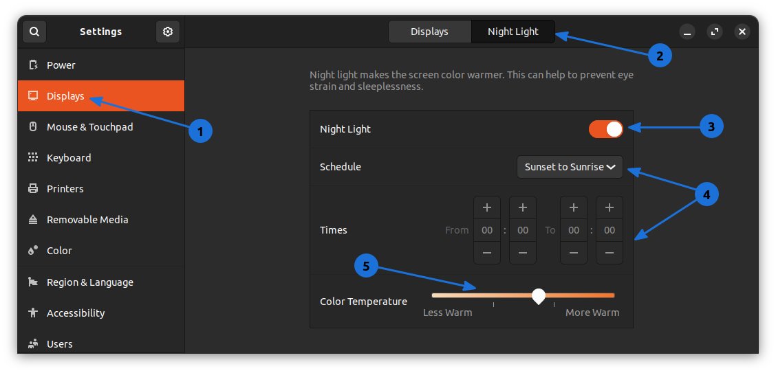 Activating the Night Light Feature in the GNOME Settings Application. And then, set the color temperature, to control the yellow tint on the screen.