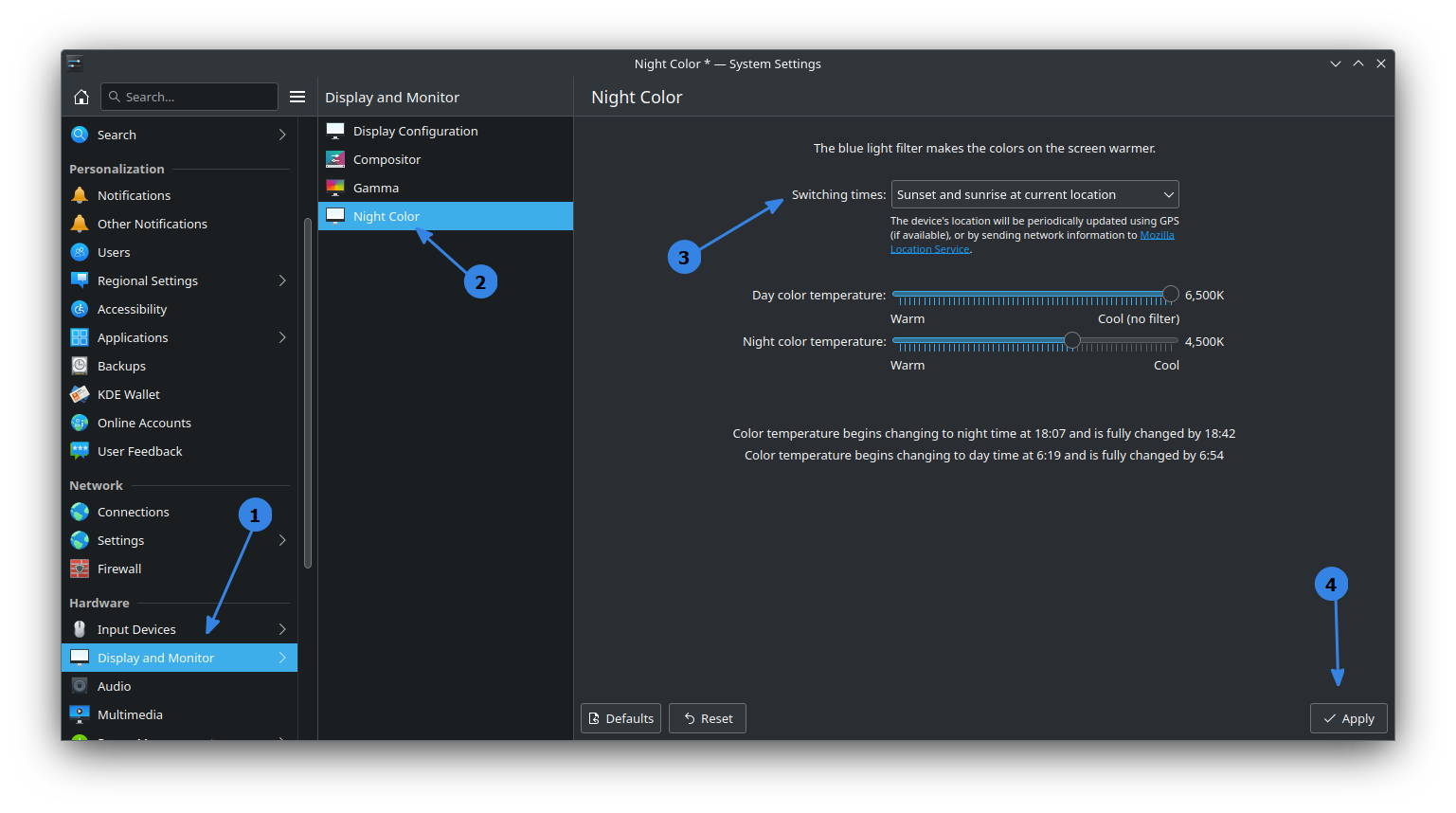 KDE Plasma Night Color Settings in System Settings