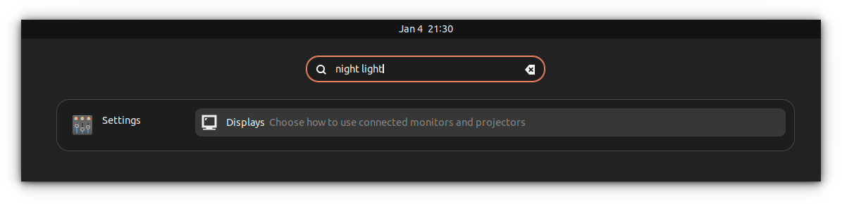 Searching Night Light in Ubuntu Activities Overview shows Displays settings