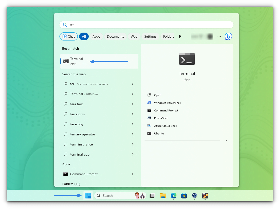 Open a terminal by searching for it on the Windows 11 Start menu