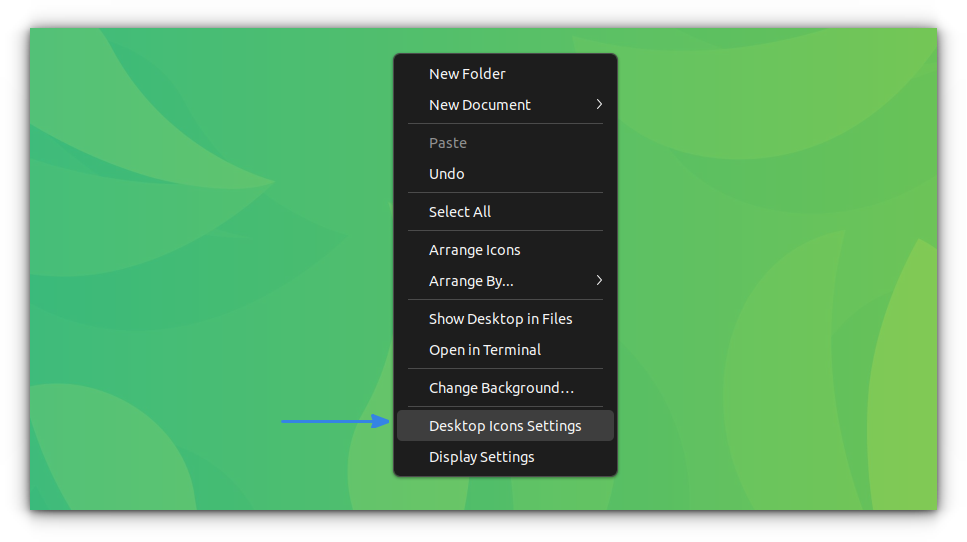 Right-click on an empty space on the desktop and select “Desktop Icons Settings” to reach the Desktop Icons Settings page of the Ubuntu Settings Application.