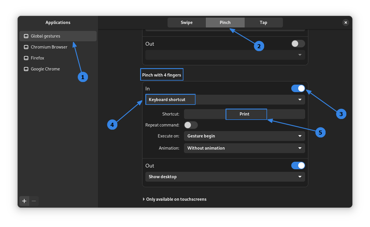 Add a gesture to a particular key-combination. Here, the screenshot key (PrtScr) is assigned a gesture "Pinch inwards with four Fingers"