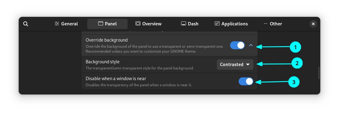 Toggle on Override Background button. Thereafter, for Background Style, select “Contrasted” from the dropdown menu. Now, enable the “Hide when window is near” option.