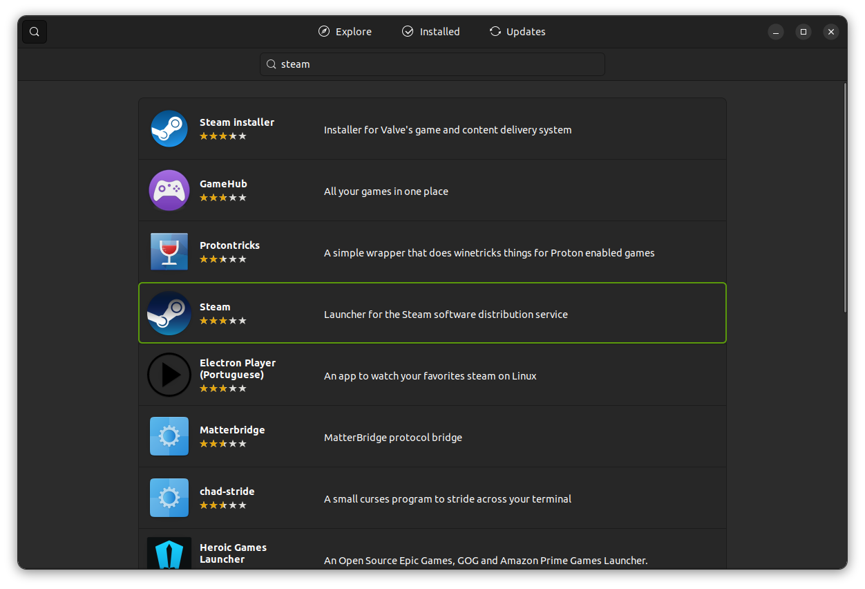 steam search result on software center ubuntu