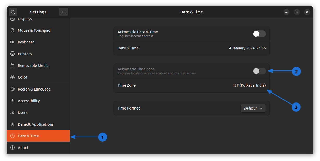 On the “Date and Time” tab on Ubuntu Settings, turn off the “Automatic Timezone” button. Now, click on the Timezone tab