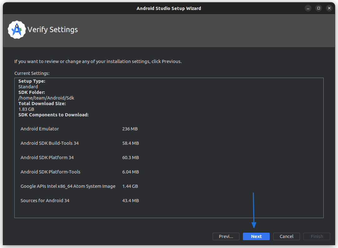 Verify the settings and click Next to start downloading the required files and setting up.