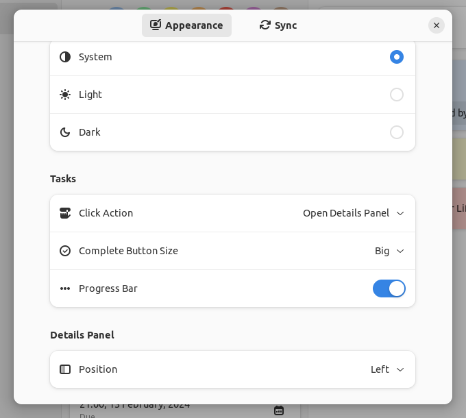 a screenshot of errands appearance settings
