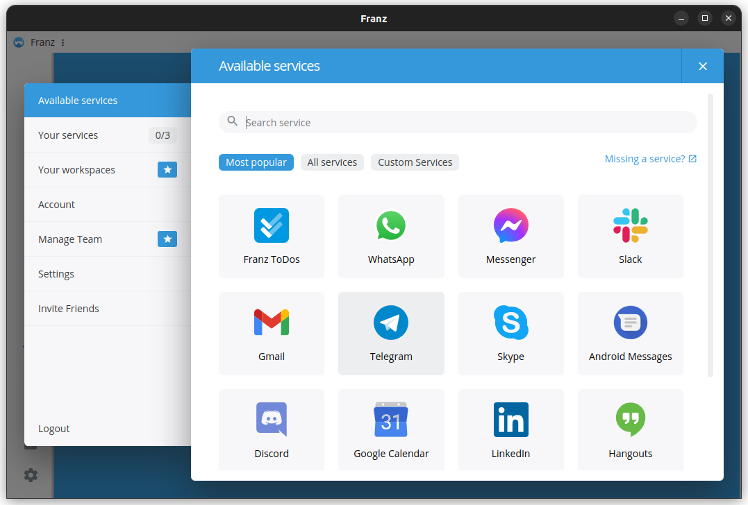 a screenshot of franz add new service window