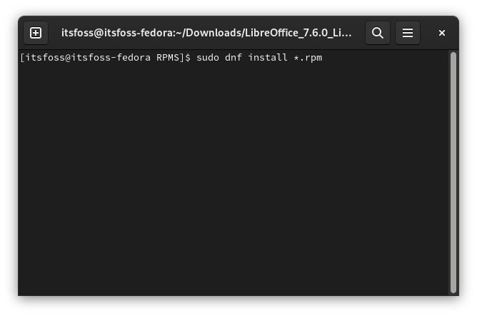 a screenshot showing a terminal window with the sudo command to install rpm of libreoffice