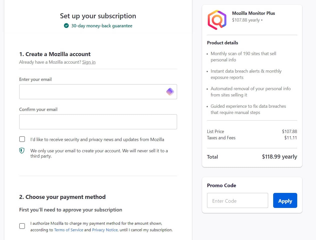 a screenshot of the billing screen for mozilla monitor plus