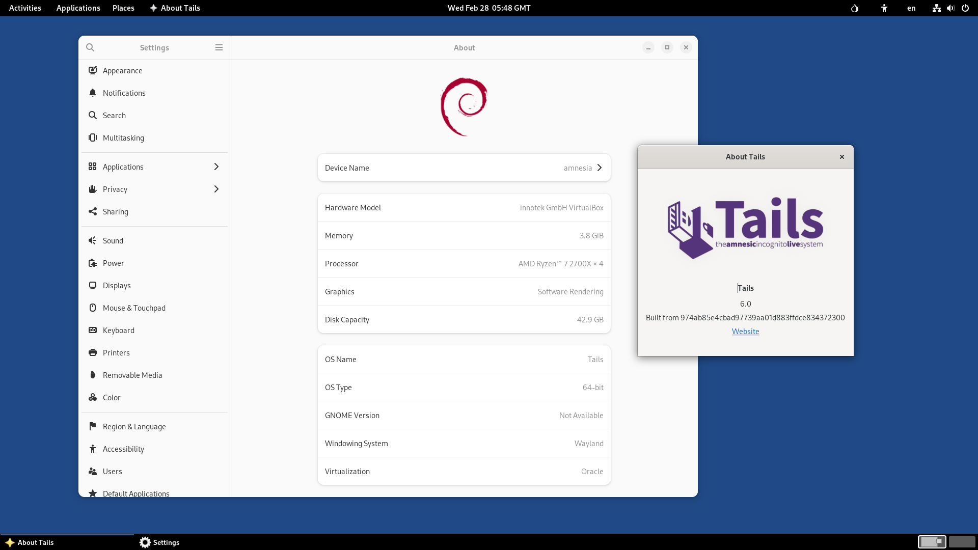 a screenshot of tails 6.0 about info