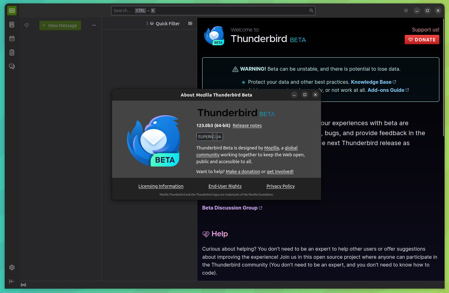 a screenshot of thunderbird beta snap