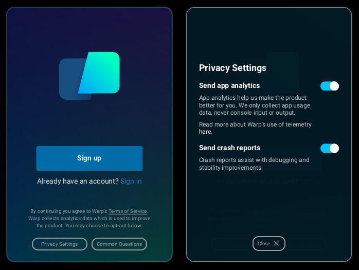 an image showing the login screen and privacy settings of warp